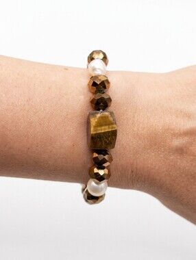Beaded Stretch Bracelet Faux Tigers Eye Pearl Bronze Brown Natural Boho Stone